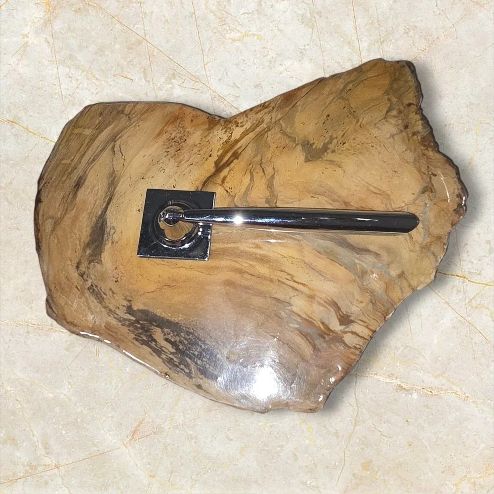 Vintage Desk Fountain Chrome Pen Holder with Polished Stone Base‎ Stand Office